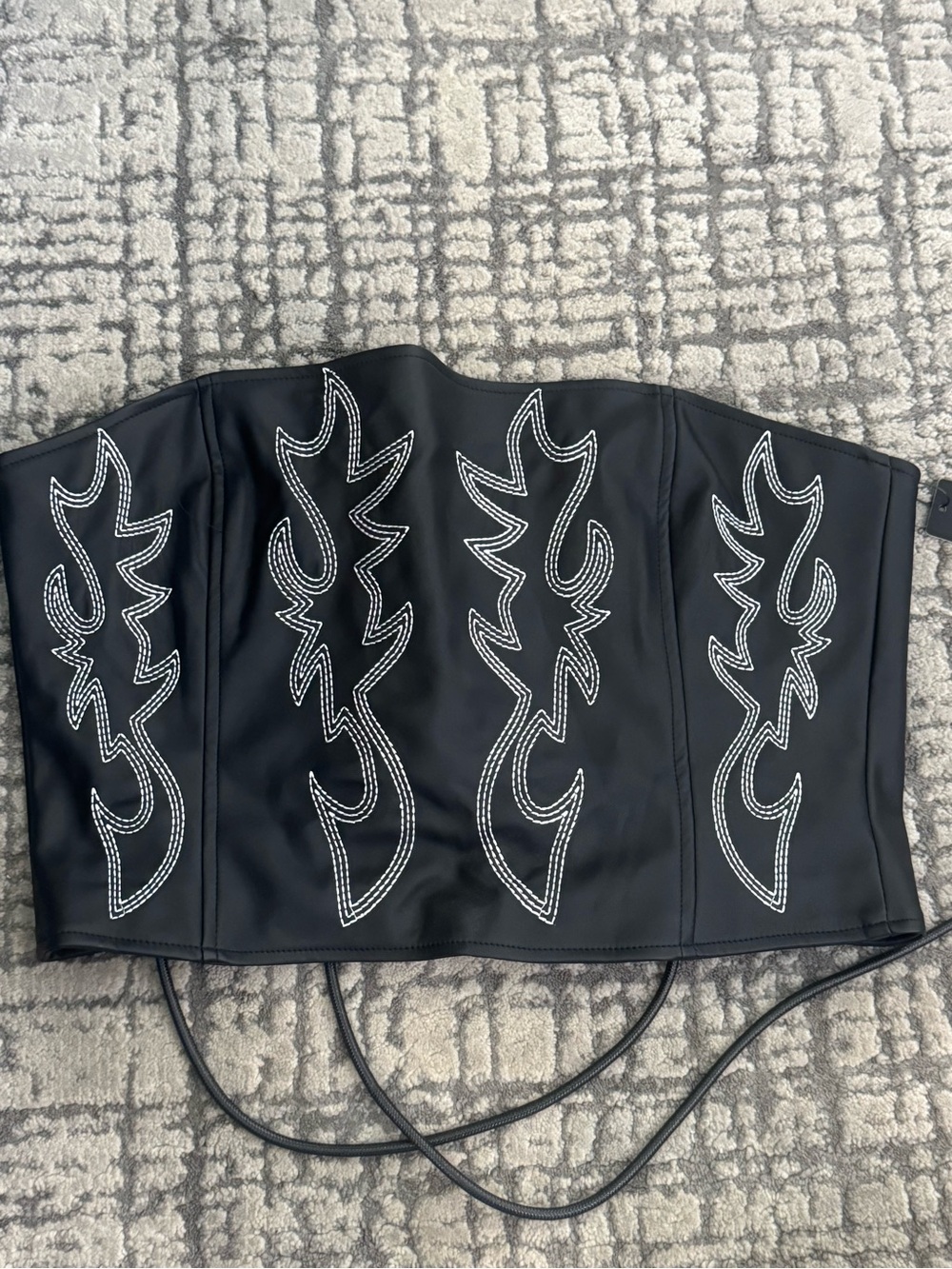 Black Faux Leather Corset Top with White Flame Stitching